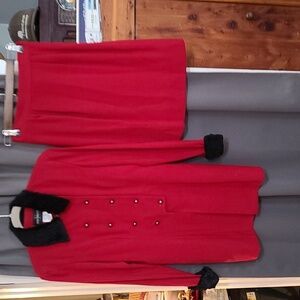 VTG John Roberts Womens Skirt Suit Set Red/‎ Black Faux Fur Buttons  Sz 6 EUC